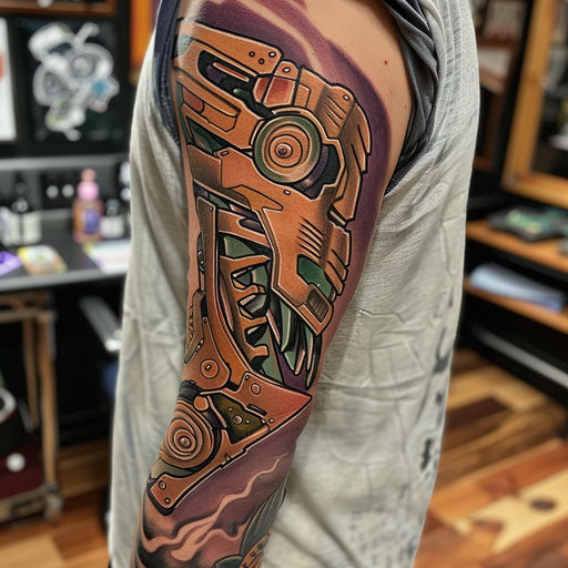 Biomechanical tattoo with cartoonish flair, Steve Sack style