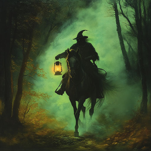 The headless rider in a spooky autumn forest
