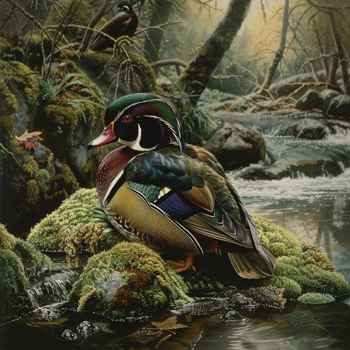 Duck grooming feathers on mossy rock next to gentle river