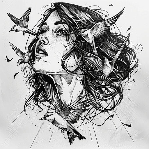 Flat tattoo sketch inspired by art deco of a woman with flowing hair and birds, representing freedom