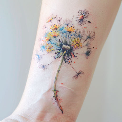 Dandelion tattoo inspired by children's illustration, colorful
