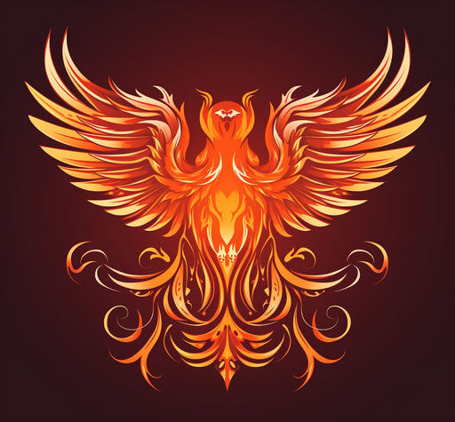 Lighted phoenix emblem, light orange and crimson, bold stencil style, flat and graphic, Spanish school, gamercore, Byzantine-inspired