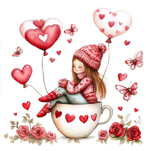 Sweet girl in a coffee cup surrounded by hearts