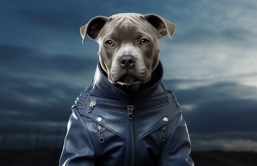 Small pit bull standing on field, dark silver and light indigo
