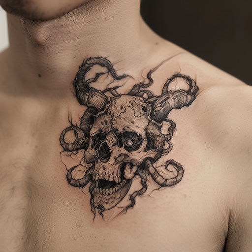 Gritty and detailed collarbone tattoo inspired by dark fantasy