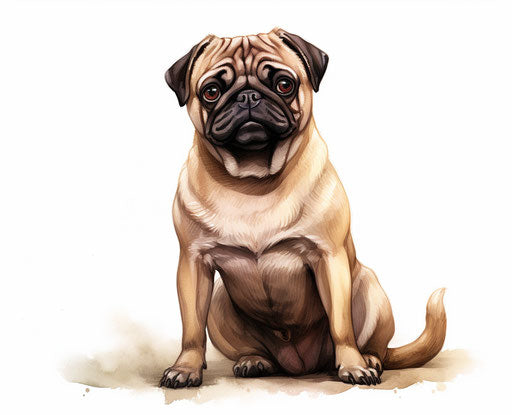 Adult pug sitting on white background, raw style, maroon and light brown colors