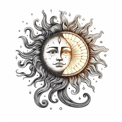 Sun and moon on white background, vintage engraving