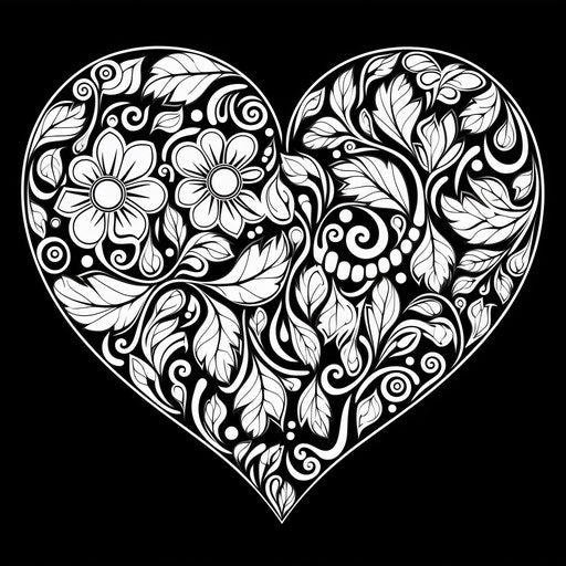 Black and white heart pattern for coloring, mesmerizing colorscapes style