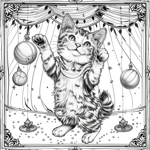 Whimsical cartoon cat juggling balls in a circus