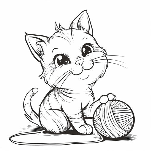 Kitten with yarn ball. Coloring page