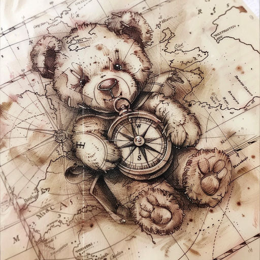 Teddy bear tattoo with compass and map in vintage style