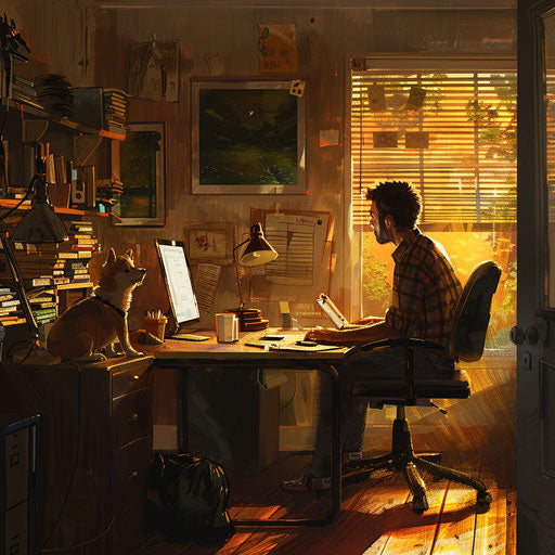 Man working with a dog on a chair in his home office