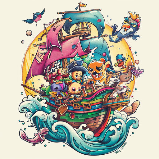 Playful tattoo sketch of a pirate ship with animal crew