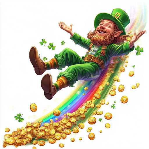 St. Patrick's Day, Leprechaun sliding down a rainbow with gold coins and shamrocks