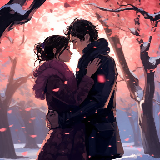 Couple hugging under snowy tree