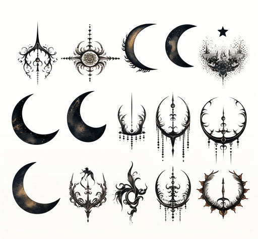 Moon and crescent tattoos on white background, intricate style, bold stencil