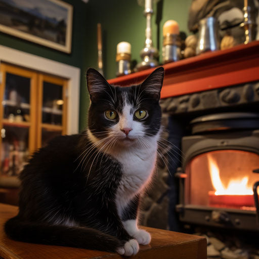 Manx cat in front of a fire in a fireplace