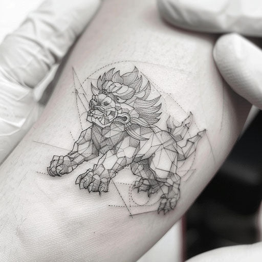 Geometric foo dog tattoo on white canvas