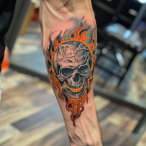 Men's forearm tattoo of a flaming skull
