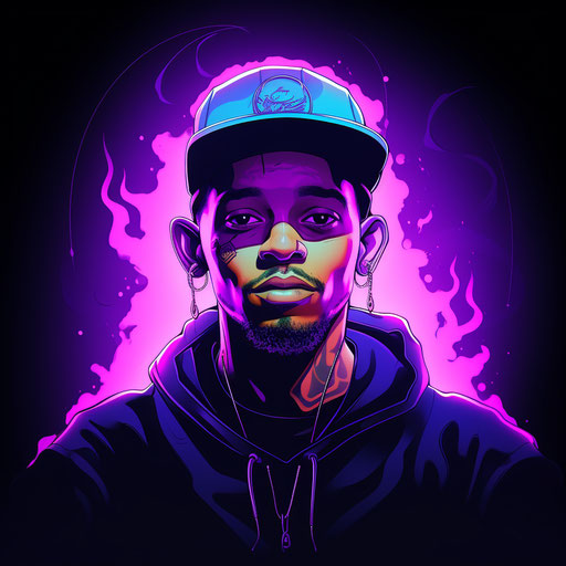 Rapper logo in Indian pop culture style, white-purple light