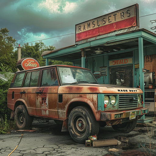 The 1980 Range Rover in front of a vintage gas station