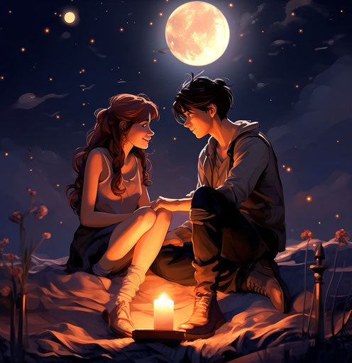 Young couple sitting on the moon, magical creatures style