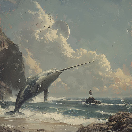 A narwhal near the seashore, curious about the world above