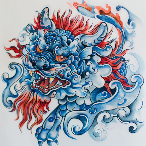 Traditional Japanese foo dog tattoo on white canvas