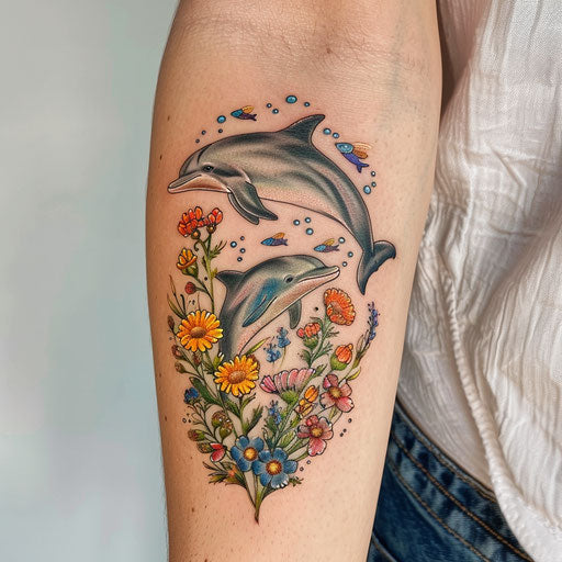 Wildflower tattoo with dolphins, oceanic colors, playful design