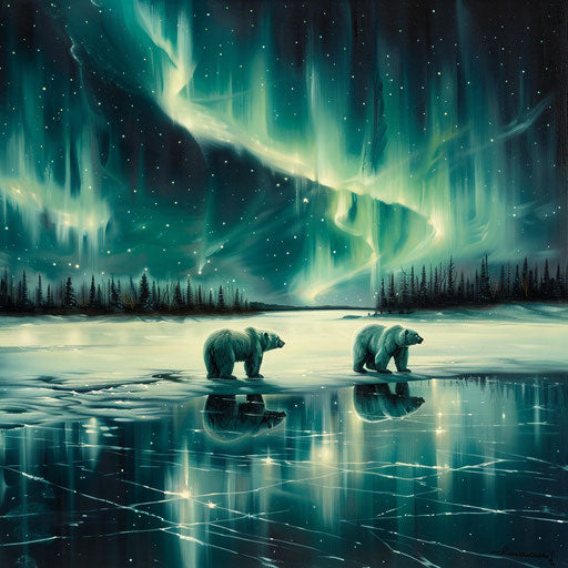 Bears watching northern lights over frozen lake