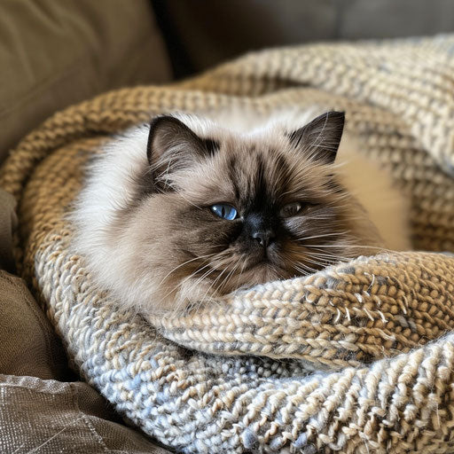 Himalayan cat in a cozy bed with a tiny blanket and pillow