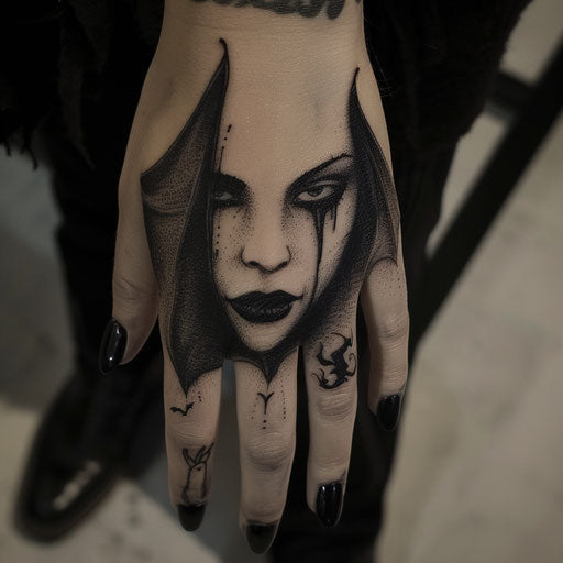 Small hand tattoos of a gothic vampire, in the style of Gerald Brom