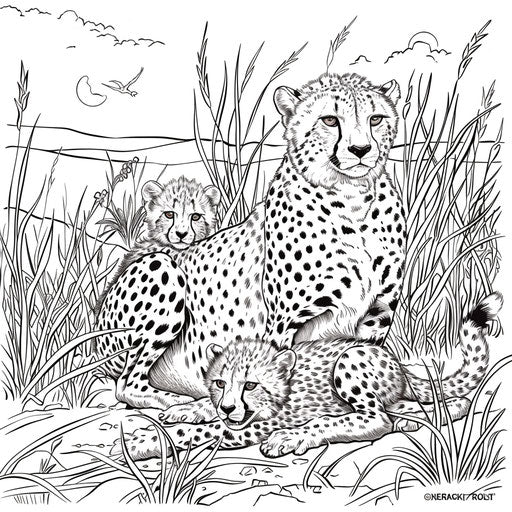 Cheetah family with mother and cubs in the grasslands
