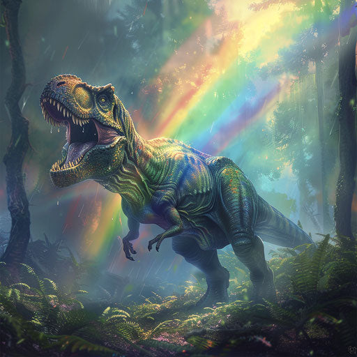 T-rex under a rainbow in the ancient forest