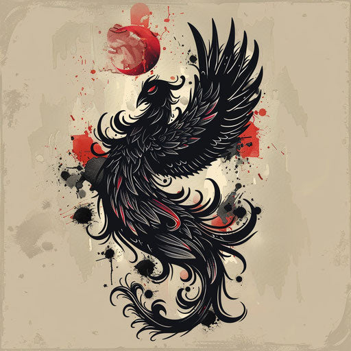 Stylized obsidian phoenix emerging from ashes