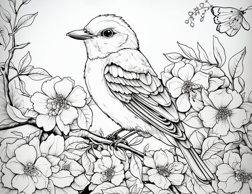 Coloring page of flowers and birds with colored rain