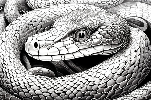 Snake in black and white on white background, net art style, lith printing, strong color contrasts, commission 3:2