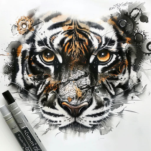 Industrial tattoo sketch, tiger eyes in metallic tones