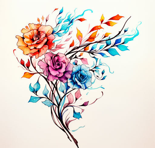 Fantasy flower branch, colorful ink sketch drawing