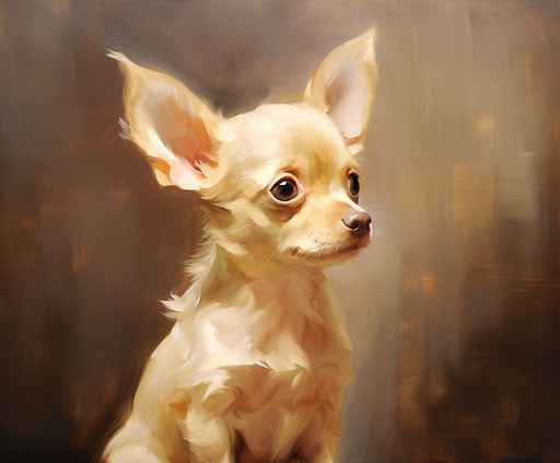 Chihuahua pup looking out, light maroon and gold tones, raw