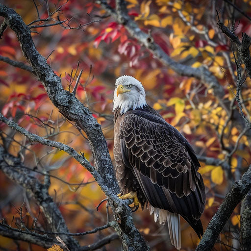 American eagle solemnly sitting in tree during autumn