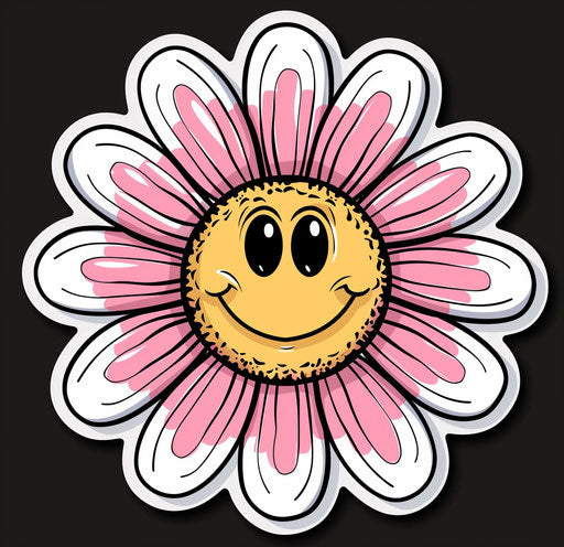 Smiley face flower sticker in pink and white