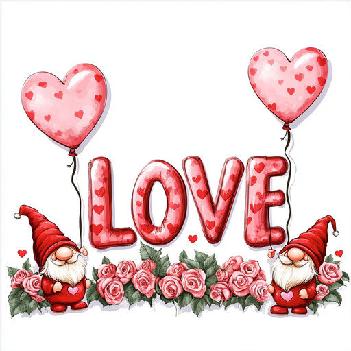 Valentine's Day, word "LOVE" of hearts and roses, cute gnomes with heart-shaped balloons, white background, digital art