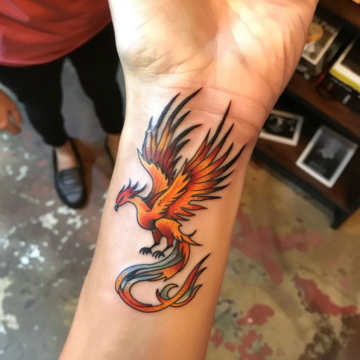 Phoenix wrist tattoo inspired by David Palumbo