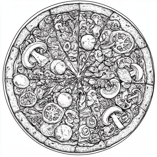 Intricate pizza with detailed toppings in the style of Gennady Spirin, Coloring book page