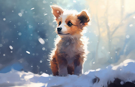 Puppy in the snow looking towards the light
