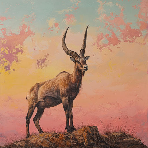 Ibex at dusk under a pastel sky, in the style of Marsel van Oosten