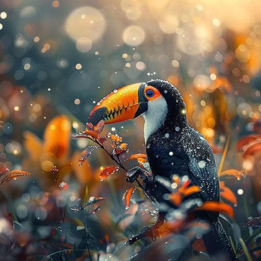 Toucan surrounded by dewy plants, Arefin style