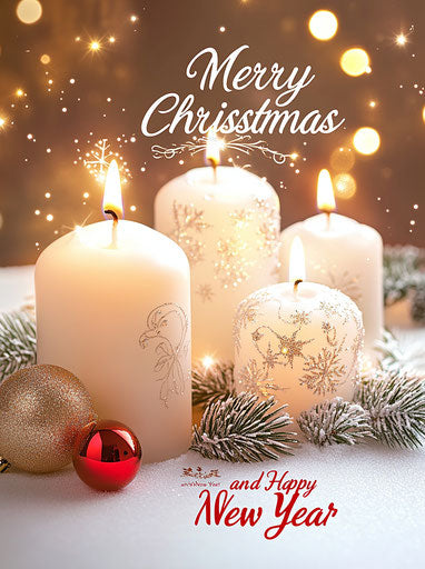 Three white candles, Christmas decorations, red and gold