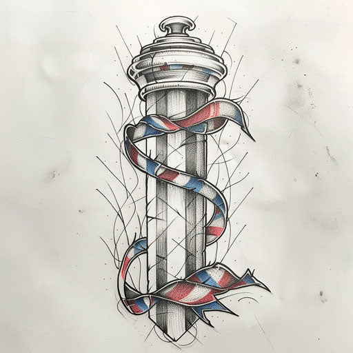 Flat tattoo sketch of a barbershop pole with a ribbon